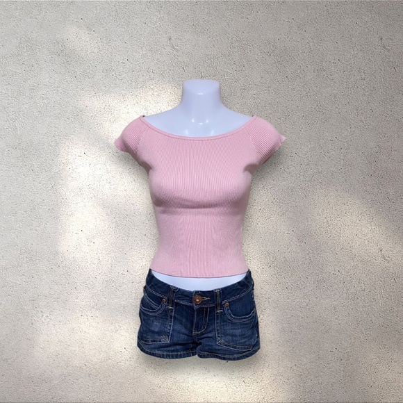 Emerson Lang Baby Pink Boat Neck Rib Knit Cap Sleeve Top - Picture 1 of 6